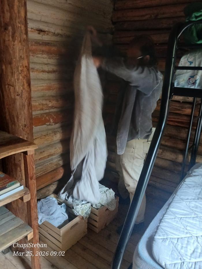 At Cooper Cabin gathering bedding