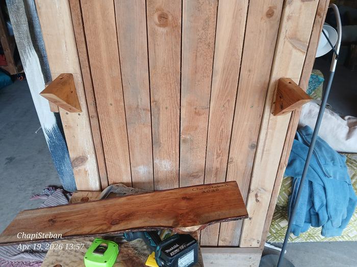 a live-edge wood shelf marked 