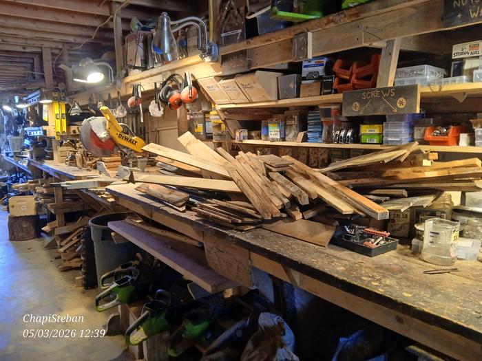 Staged woody bits inside shop to be processed 