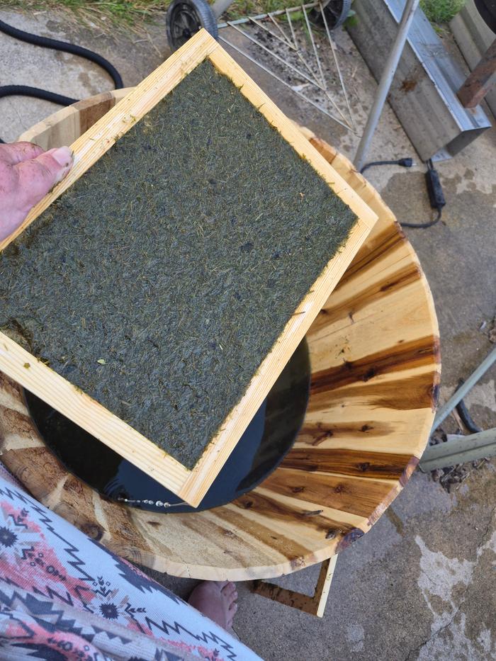 Pulp on wood barrel, pulling first sheet on deckle and frame