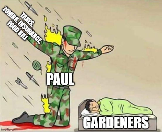 A soldier protects gardeners so that they can sleep (and garden) in peace
