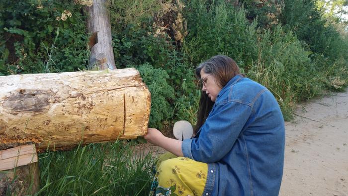 chiseling the log