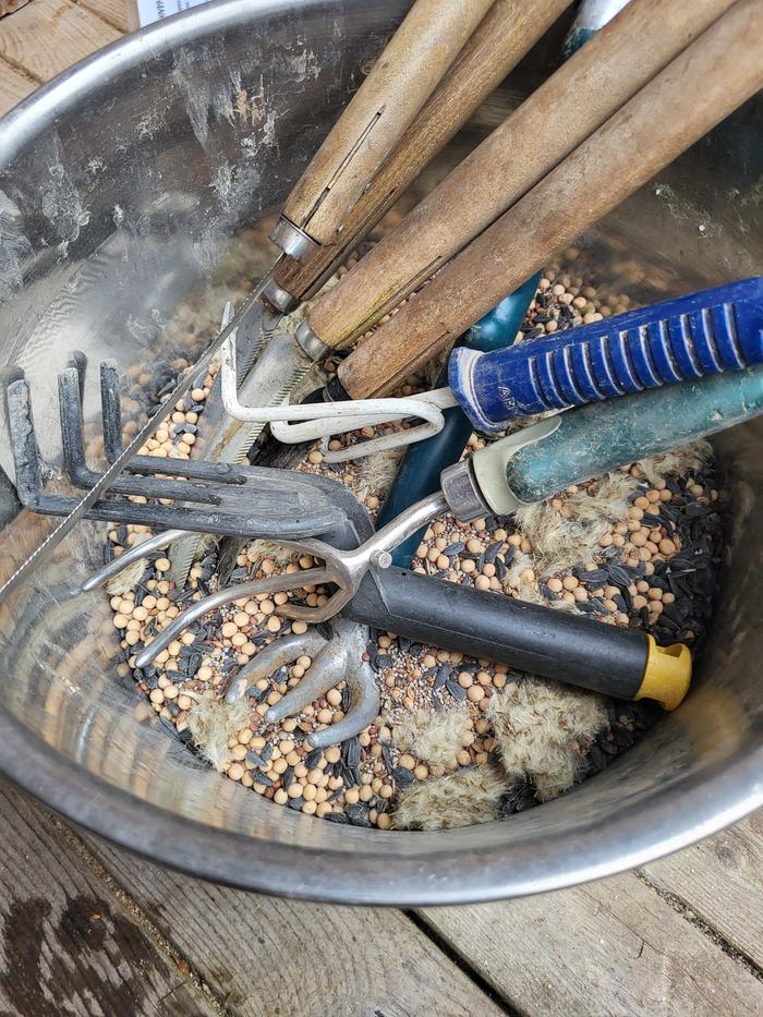 Tools and seeds for cover crop at the Abbey hugels.
