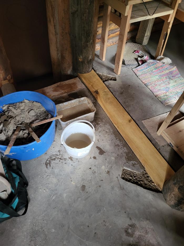 Our workspace for the next few days up at the Abbey - the first layer of the new cob is in place.