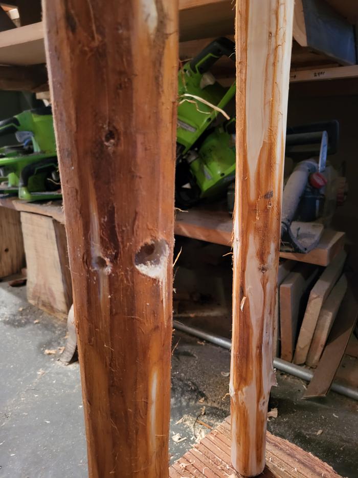 Joinery on the table started with simple bore an peg on the leg supports...