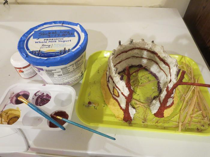 I wasn't kidding. It's a yogurt bucket with slacked lime. Mochi container for mixing paint. Ugly yellow tray. 