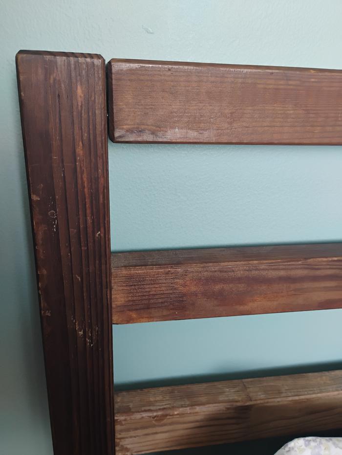Pine bedframe stained with tea and iron acetate. 