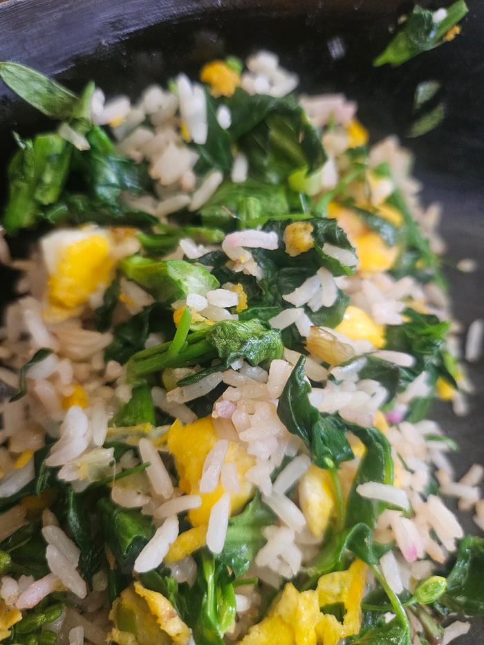 Greens in fried rice. This meal had duck eggs, walking onions and orach greens 💚 