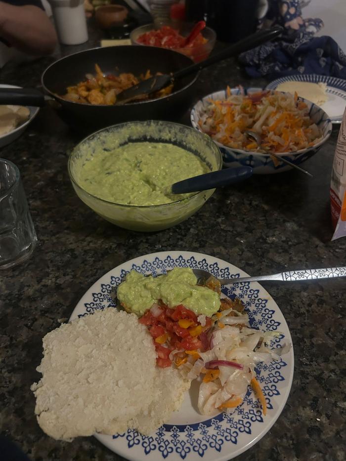 arepas with curtido, avocado and chicken