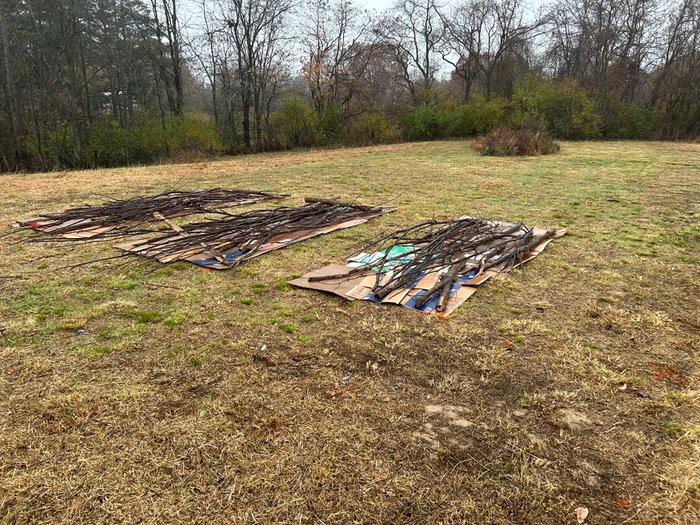 Future garden beds with a brush pile in the background