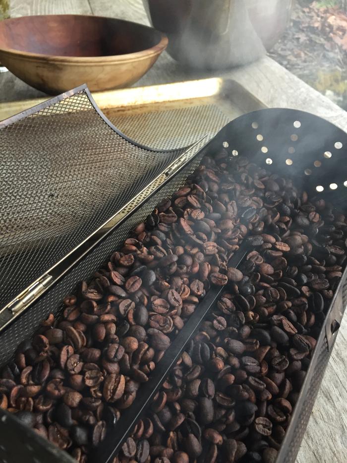 2 ½# batch of coffee in cylindrical basket