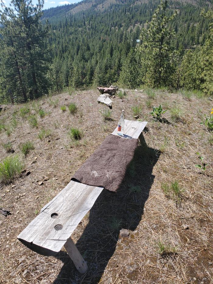 the bench back at the top of the caldera. Samantha gave me this felted wool from her sheeps to put here.
