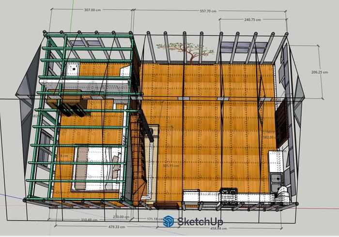 The top down view with measurements of the structure