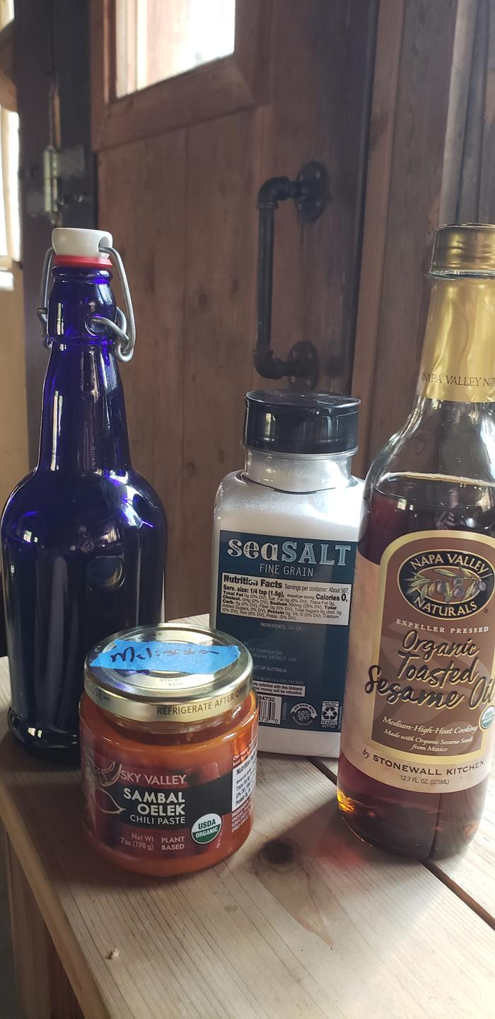 Some of the ingredients for my favorite rice dish (blue bottle contains tonic)