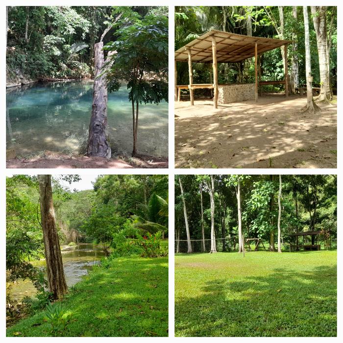 Swim hole, volleyball court, swings, covered stone BBQ grill 