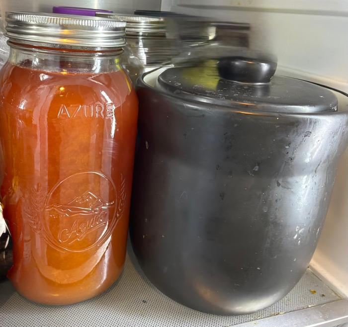 Peach lemonade in the fridge, next to my fermented cucumbers. I won’t can it, since the kids will go through this lemonade, really fast