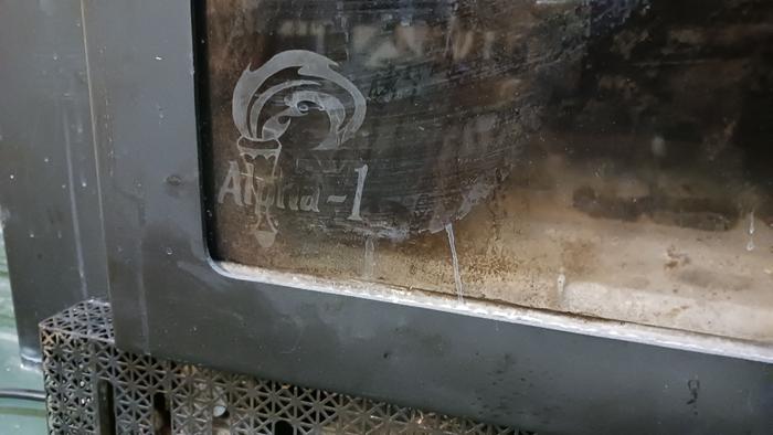 the Alpha-1 logo etched in the glass of the door