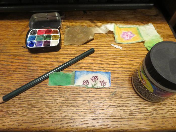 Two experiments: left (green) is watercolor with crayon and colored pencil to seal them. Right is watercolor with damar resin