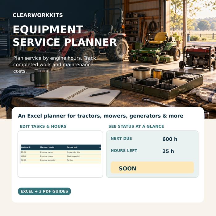 Equipment Service Planner, Excel maintenance tracker with service history, cost log and PDF guides in English and German.