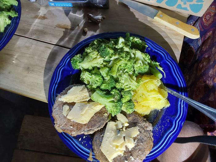 Burgers, broccoli, spaghetti squash, and a wonderful 12-year old cheddar we got from our local farmer's market