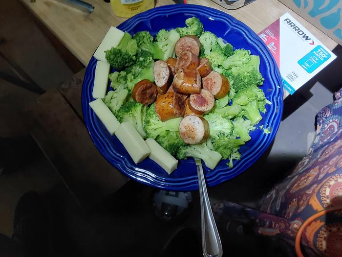 Broccoli with beef kielbasa (and cheese) 