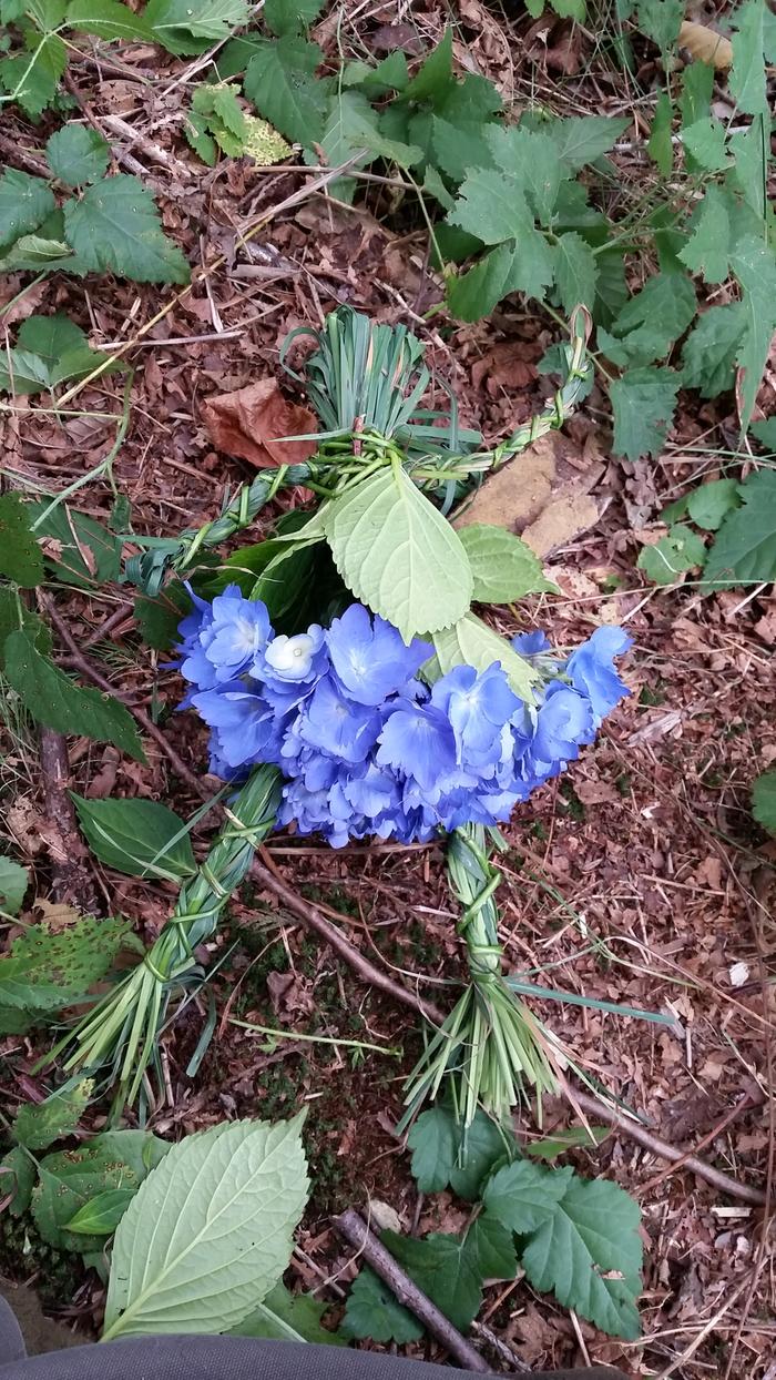 Doll made of grass and hydrangea flower+leaves, held together with blackberry vines