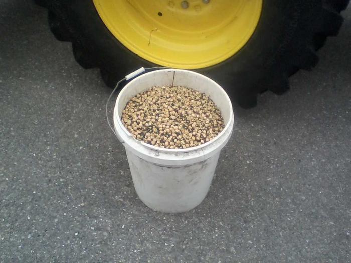 A bucket of cover crop seed. Mostly sourced from the grocery store.