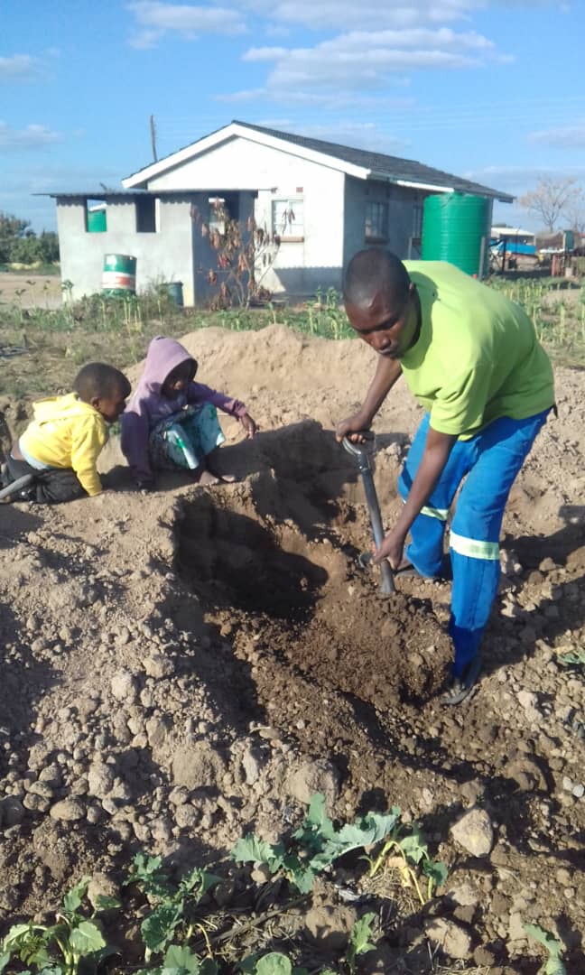 Taking soil from composting pit