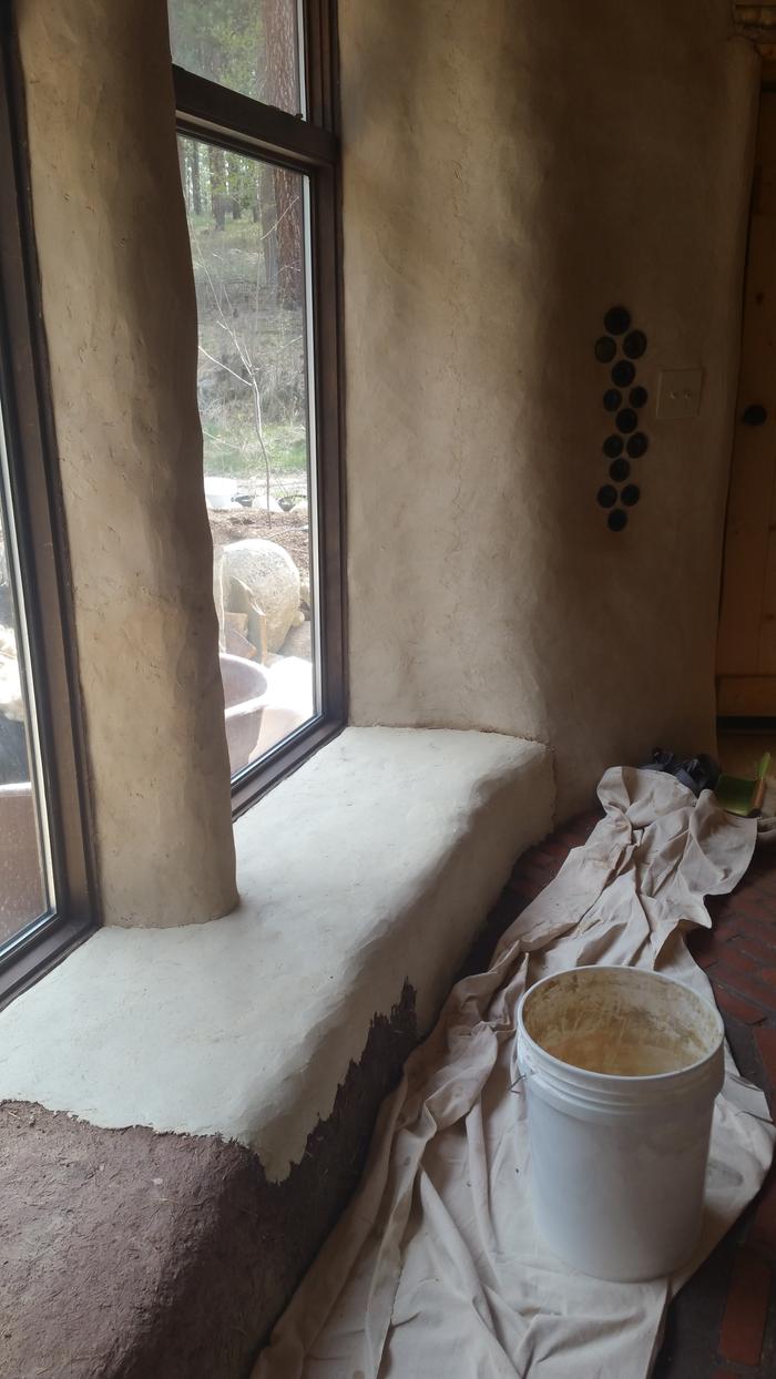 Sun room bench with first lime plaster coat--will finish with tadelakt