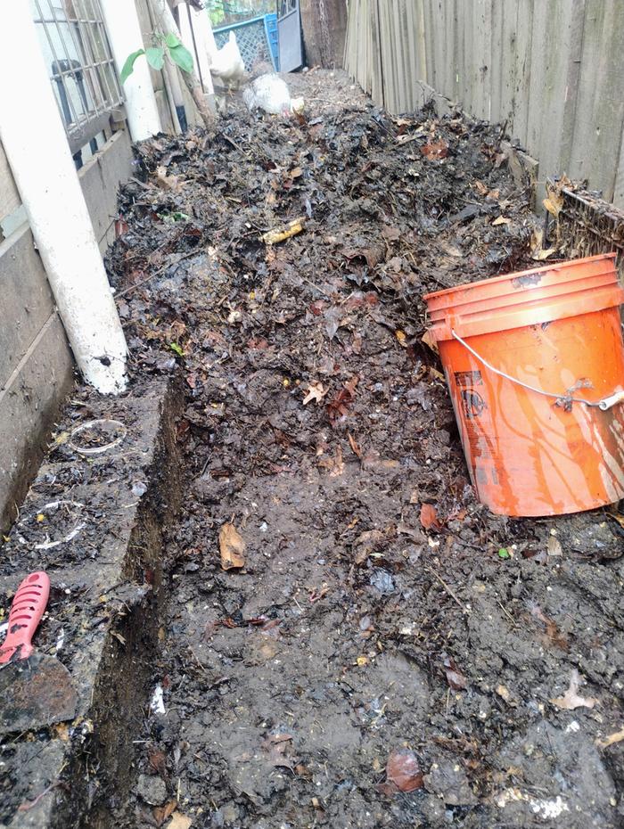 Unfinished compost raked aside 