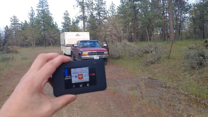 My Internet hotspot which works well here. My truck and first camper which I'm turning into a storage shed.