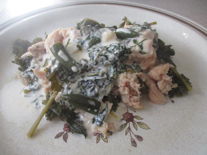 canned rabbit with alfredo sauce and greens