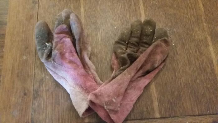 crusty pink work gloves