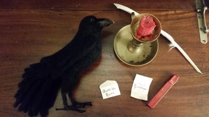 Needle felted Raven figurine with quill, candle, sealing wax and tiny envelope and letter that say quoth the raven and nevermore