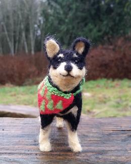 needle-felted dog with Christmas bandana