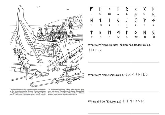 image of a medieval history worksheet featuring Vikings building a boat and questions about Vikings with answers written in runes to be decoded