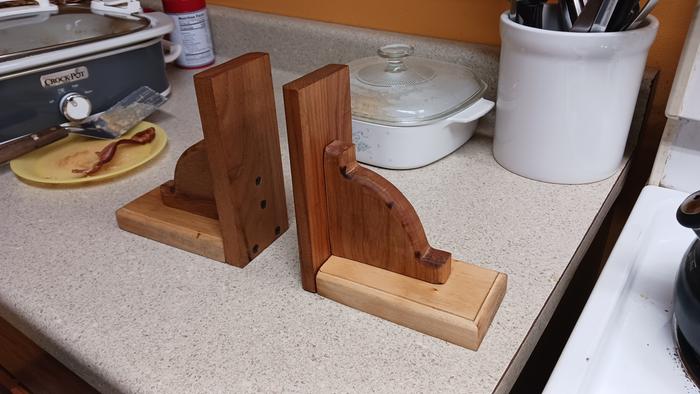 Wood bookends on a counter