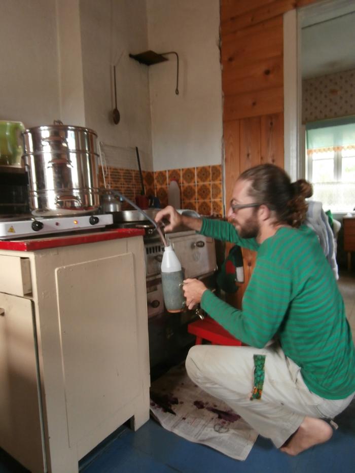 Bottling the hot cordial. 