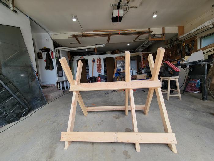 Side view of a sambuck made from dimensional lumber in a garage