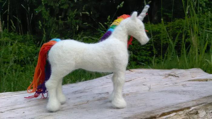 white and rainbow unicorn needle-felted wool