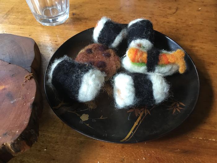 needle-felted sushi and cookie toys