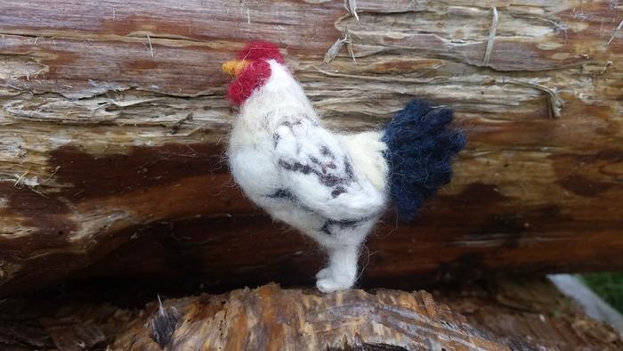 needle-felted black and white rooster