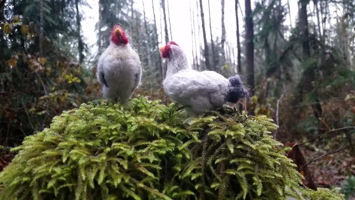 needle felted rooster and hen on moss in forest