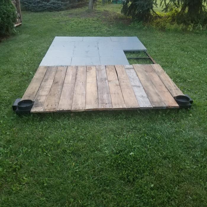 deck boards and flooring attached. I miss counted lol black circles in front are the brackets to mount cedar logs