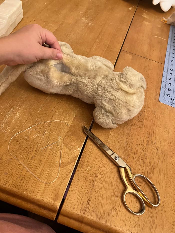 Time for stitches. Used needle, thread and scissors.