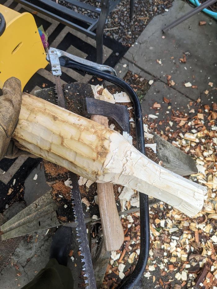 cut to length with pruning saw, shaped with hatchet