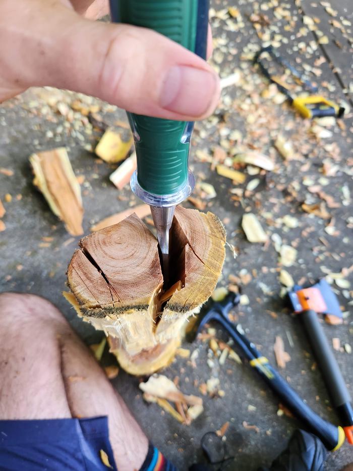 Halfway point (splitting with chisel happened to be easiest given the material and limited tools)