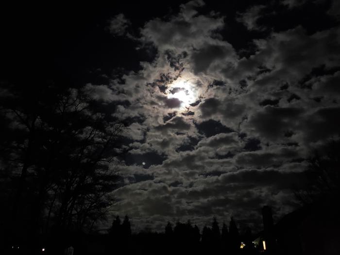 The moon hiding behind the clouds