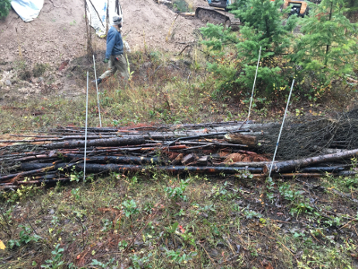 first layer of logs with fiberglass markers showing extent of the base of my Hugel