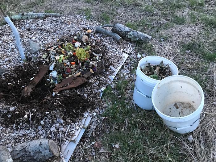 2 bona fide 5 gallon buckets, one already dumped in the opening in the mulch